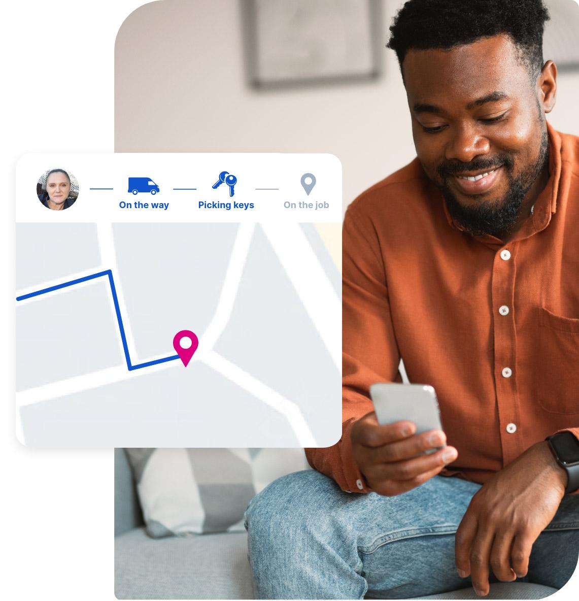 An image of a man looking at his smartphone screen, exploring the app GoFantastic, using it to see the location of the professional cleaners that he has booked for End of Tenancy Cleaning.