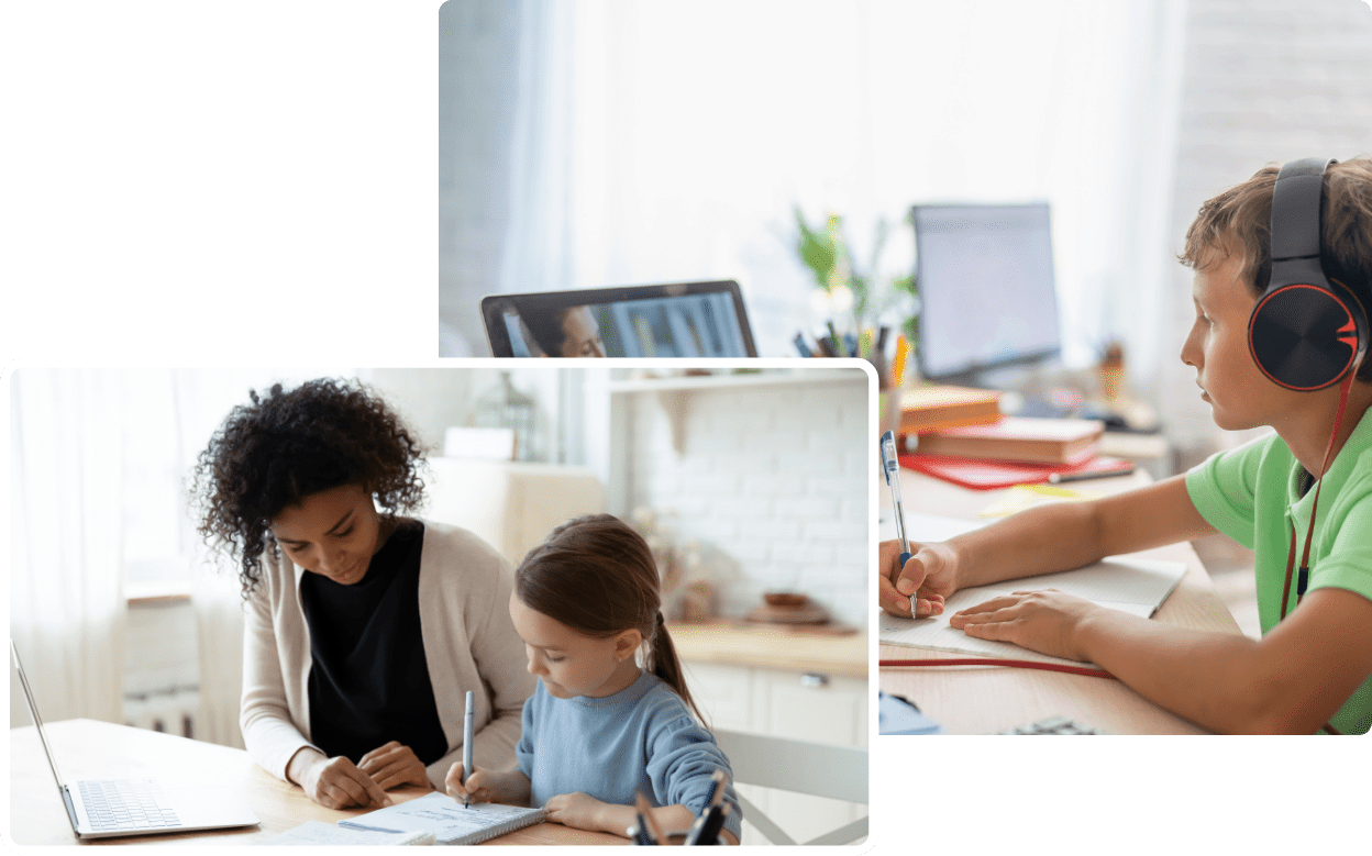 tutoring-services-HERO-desktop Tutor helping a young girl with schoolwork while another student attends an online class with headphones. Part of the Tutoring Services Fantastic Services Provides.